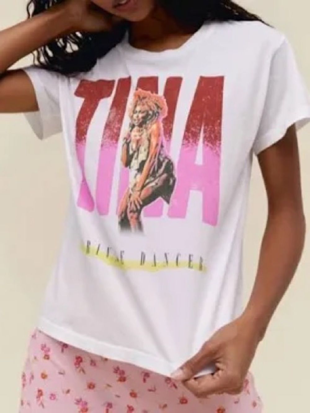 Daydreamer Graphic 'TINA Turner’ White Tee with Pink & Red Print L